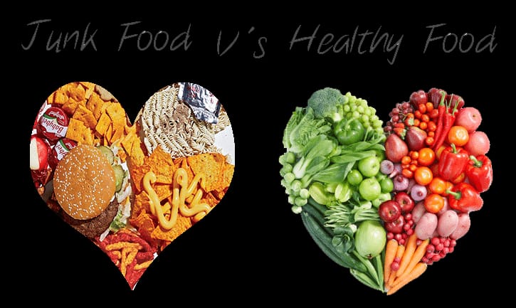 Perbandingan junk food cepat saji dengan pilihan camilan sehat seperti buah segar.